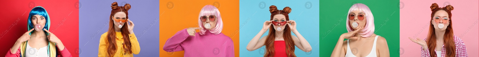 Image of Women blowing bubble gums on color backgrounds, set of photos