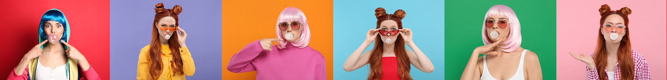 Image of Women blowing bubble gums on color backgrounds, set of photos