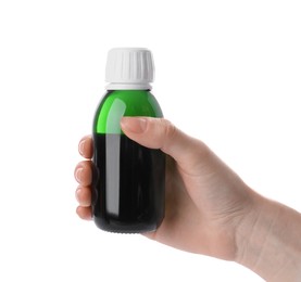 Photo of Woman holding bottle of syrup isolated on white, closeup. Cough and cold medicine