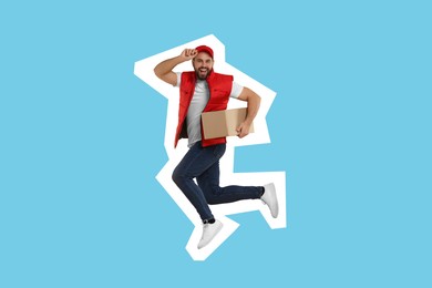 Image of Happy courier with parcel jumping on light blue background