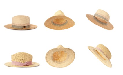 Set with stylish straw hats on white background. Stylish headdress