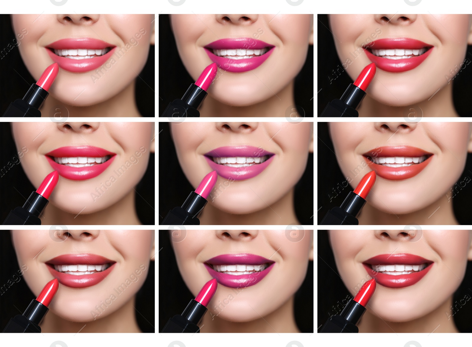 Image of Collage with photos of woman applying different beautiful lipsticks, closeup