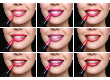 Collage with photos of woman applying different beautiful lipsticks, closeup