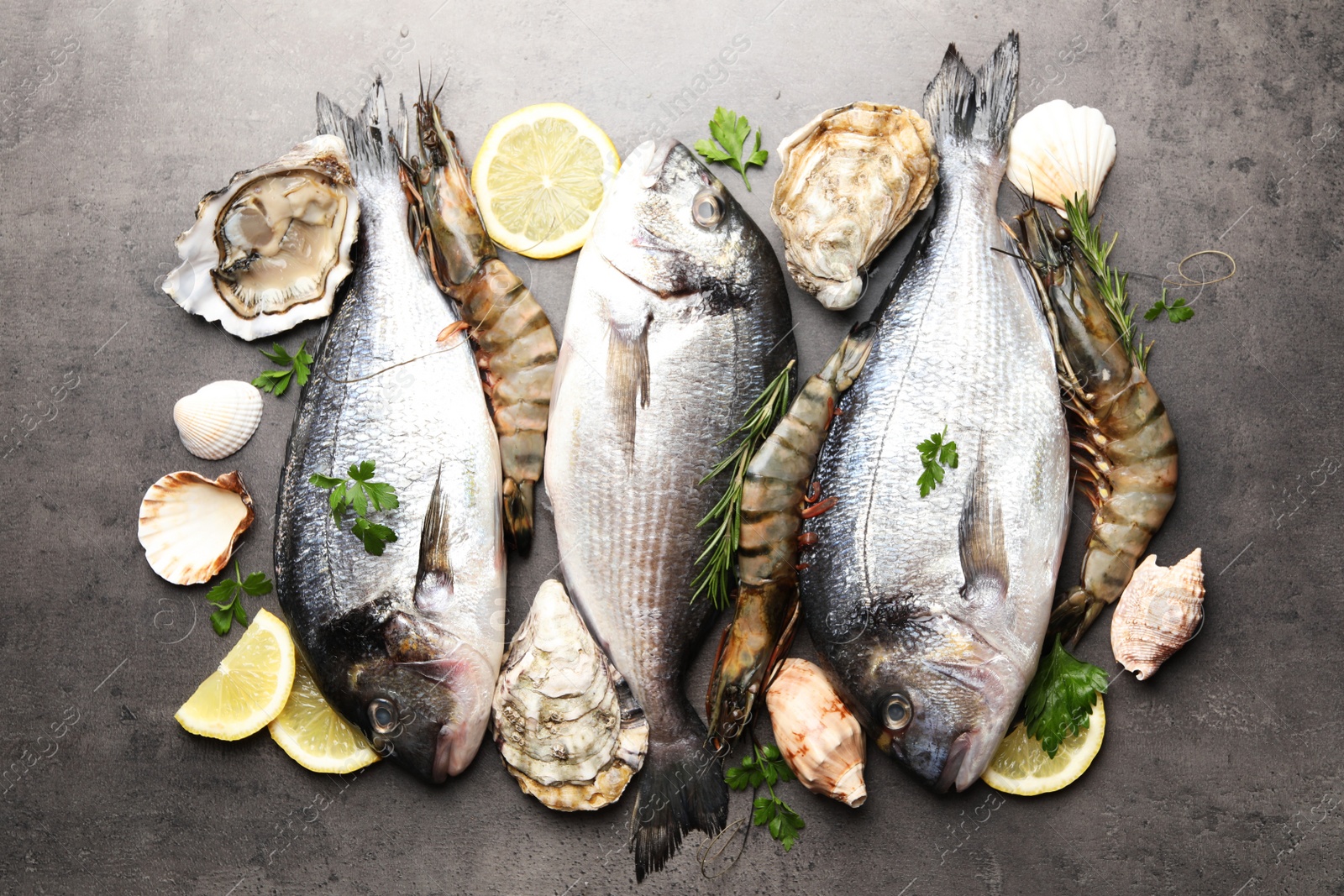 Photo of Flat lay composition with fresh raw dorado fish and different seafood on grey table