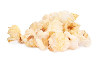 Photo of Fresh popcorn isolated on white. Tasty snack