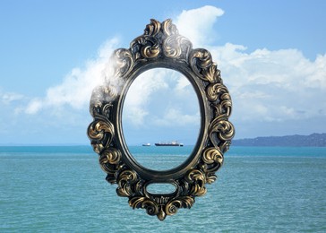 Image of Vintage frame and ships in beautiful sea under blue sky with clouds