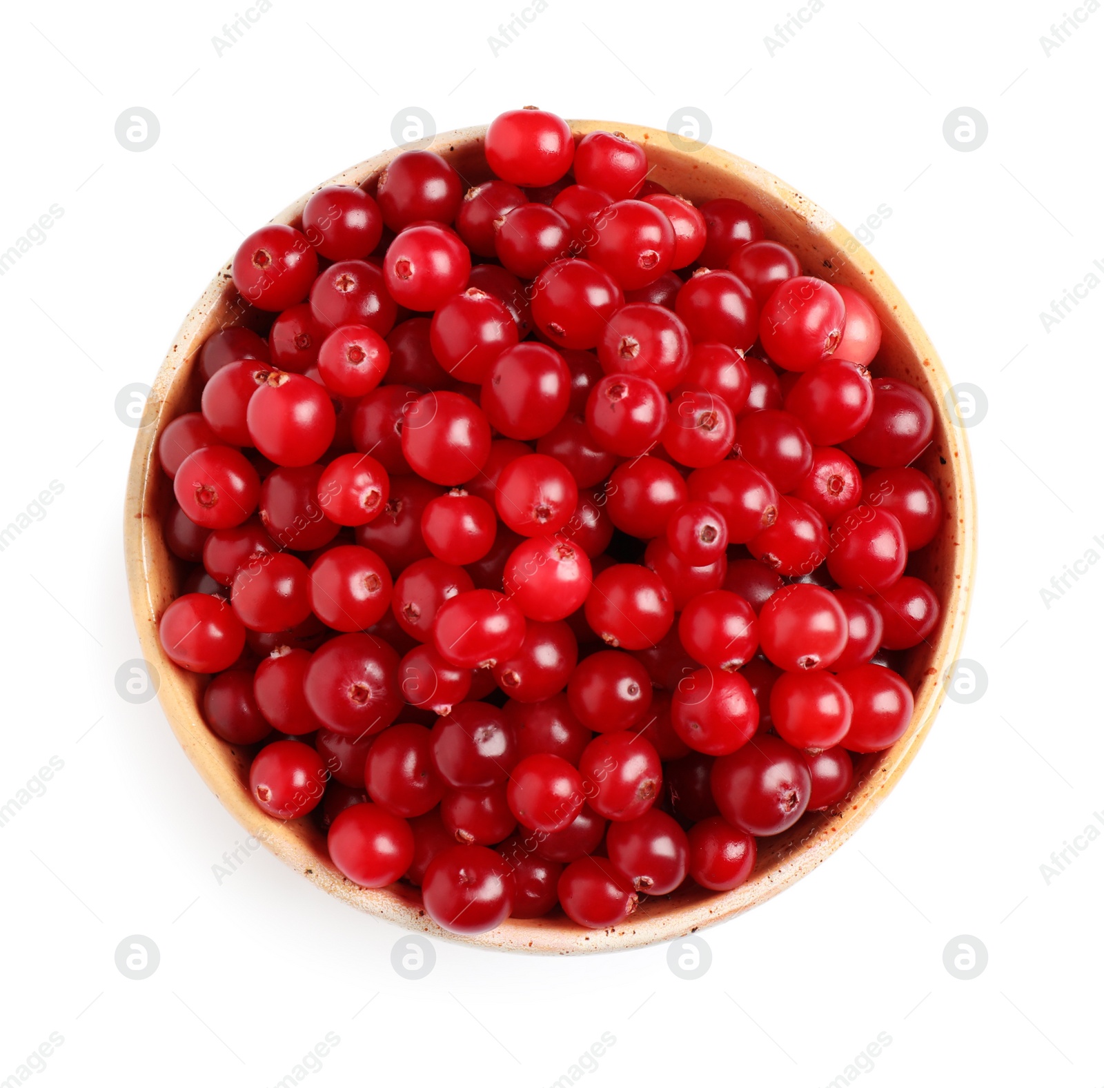 Photo of Fresh ripe cranberries in bowl isolated on white, top view