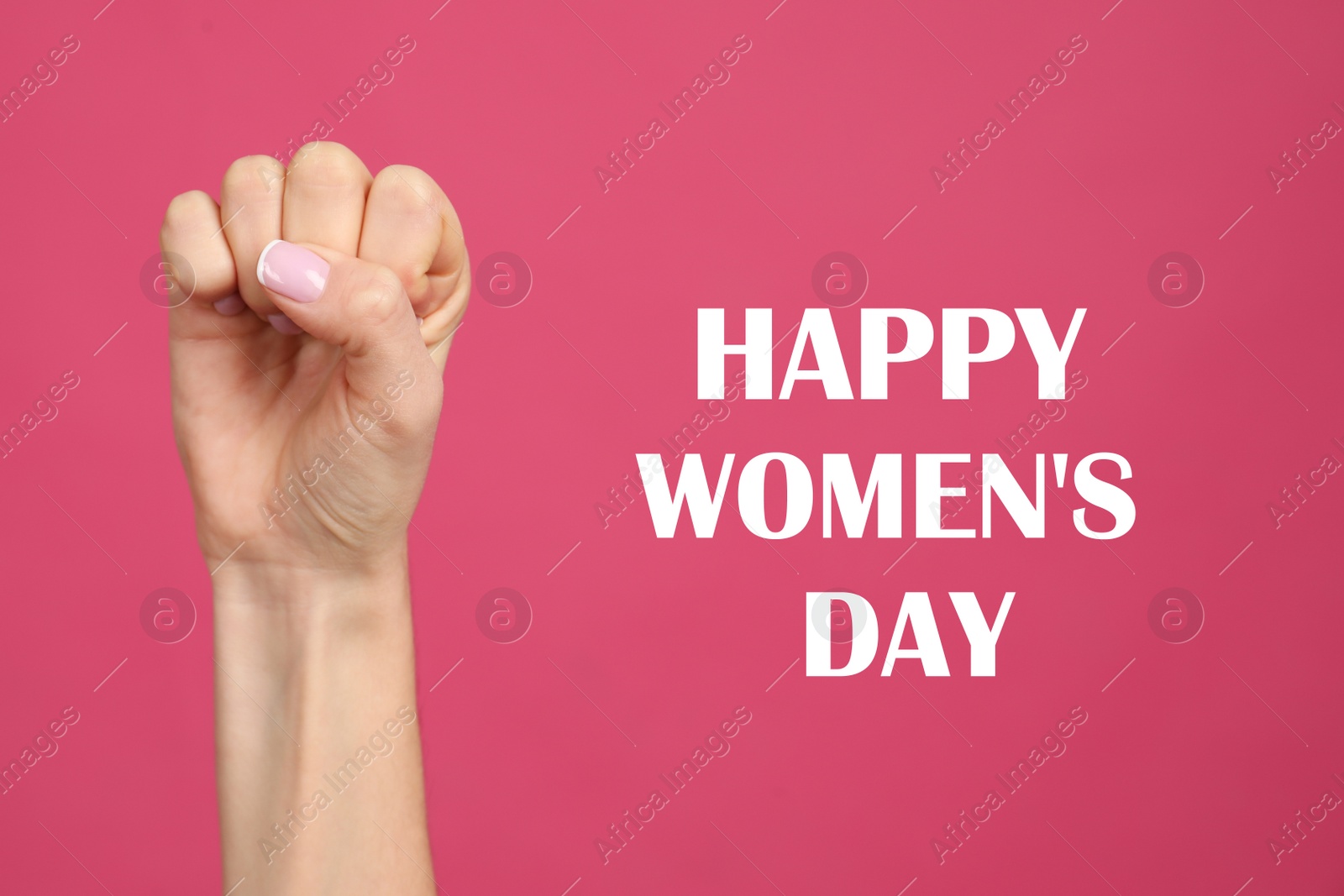 Image of Woman showing fist as girl power symbol on pink background, closeup. Happy Women's Day