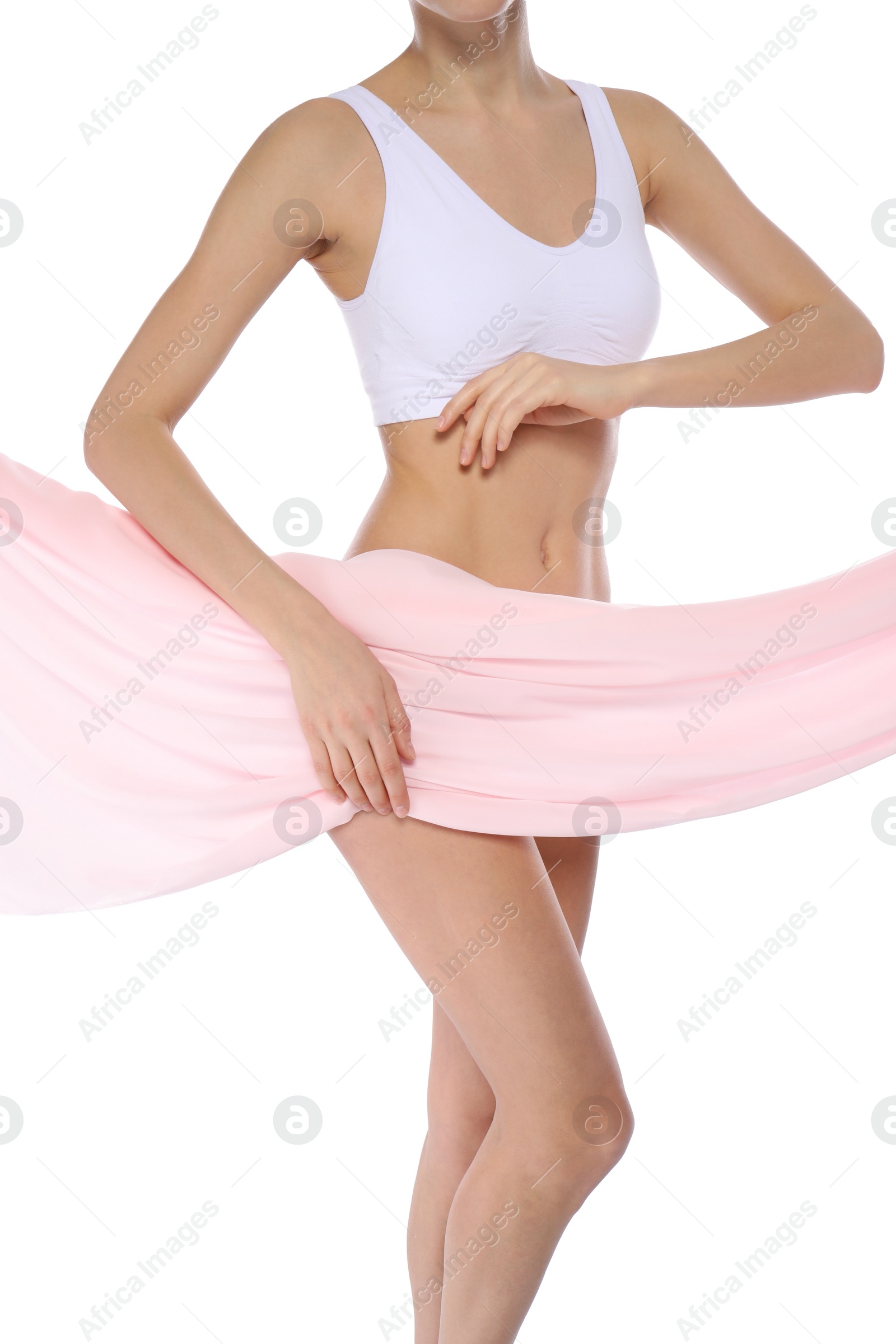 Photo of Young woman with soft fabric on white background, closeup. Beauty and body care