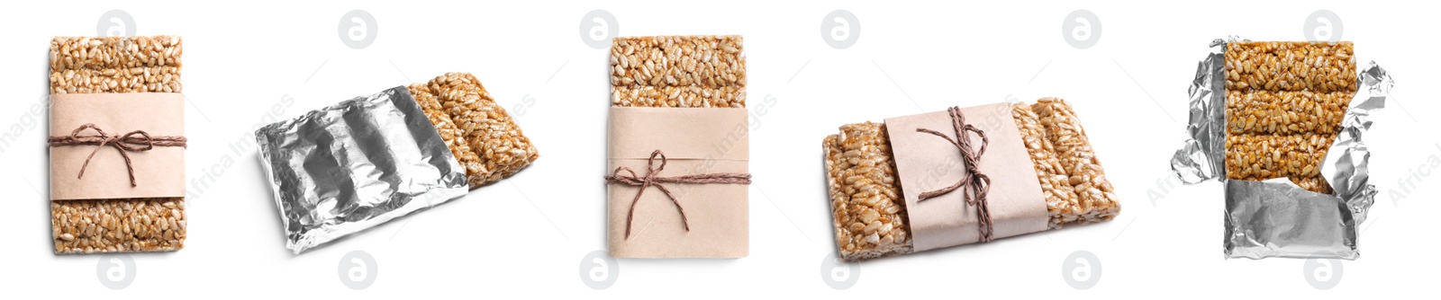 Image of Set with tasty sweet kozinaki on white background, banner design