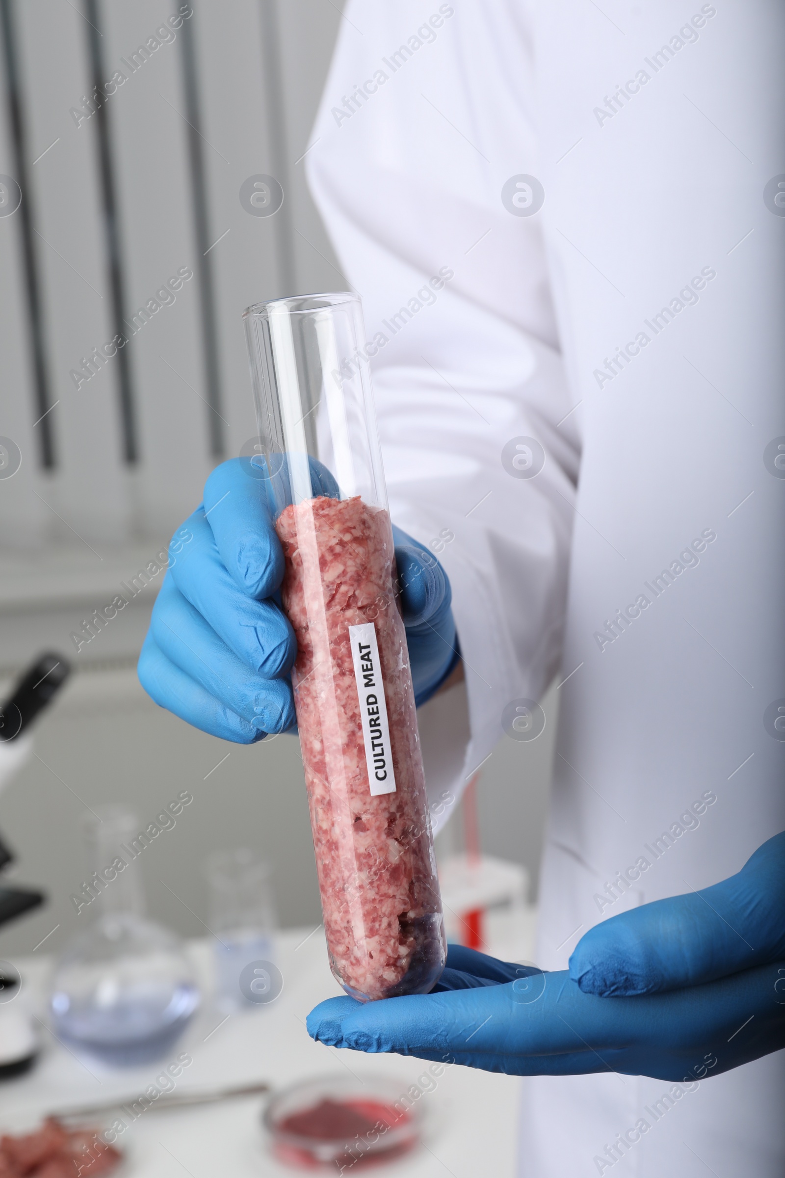 Photo of Scientist holding test tube with raw minced cultured meat in laboratory, closeup