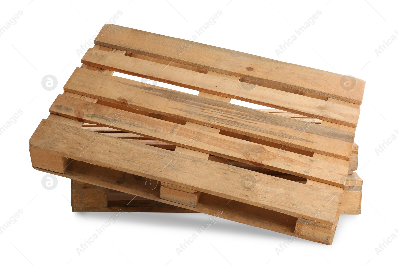 Photo of Wooden pallets isolated on white. Transportation and storage