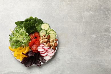 Balanced diet and vegetarian foods. Plate with different delicious products on grey table, top view. Space for text