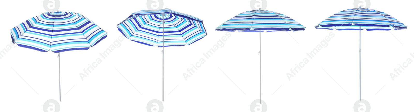 Image of Set with striped beach umbrellas on white background. Banner design