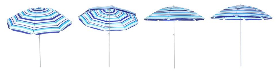 Image of Set with striped beach umbrellas on white background. Banner design