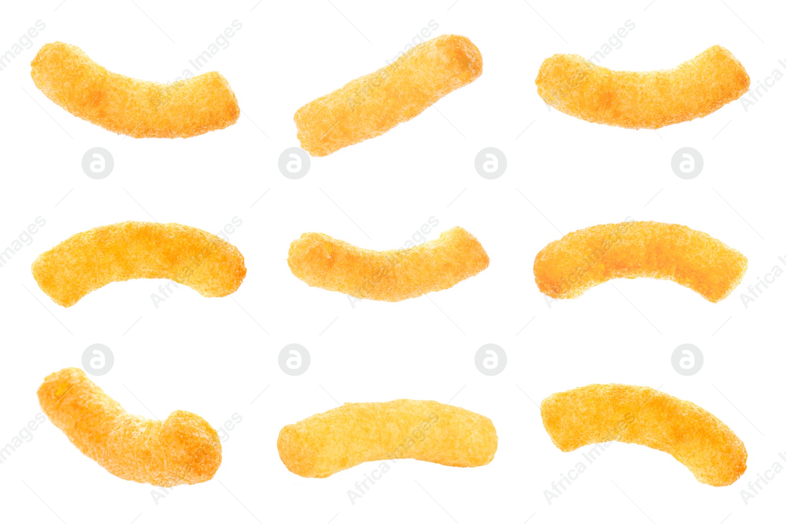 Image of Collage of tasty corn sticks on white background