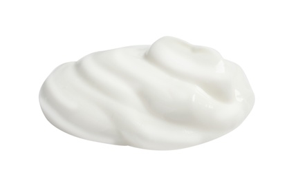 Photo of Sample of creamy yogurt on white background