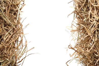 Dried hay on white background, top view