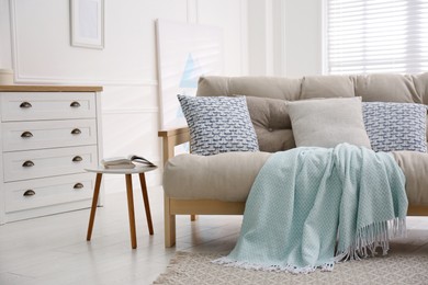 Modern living room interior with comfortable sofa and chest of drawers