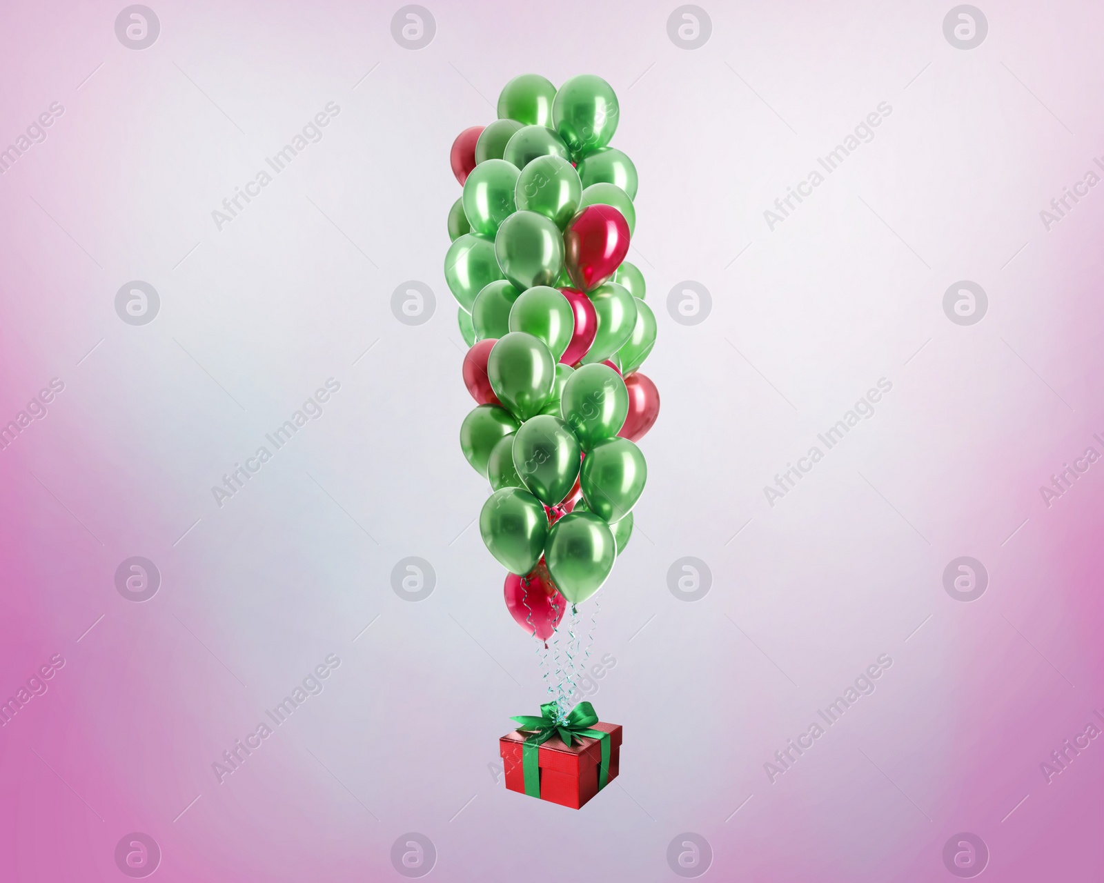 Image of Many balloons tied to gift box on color background