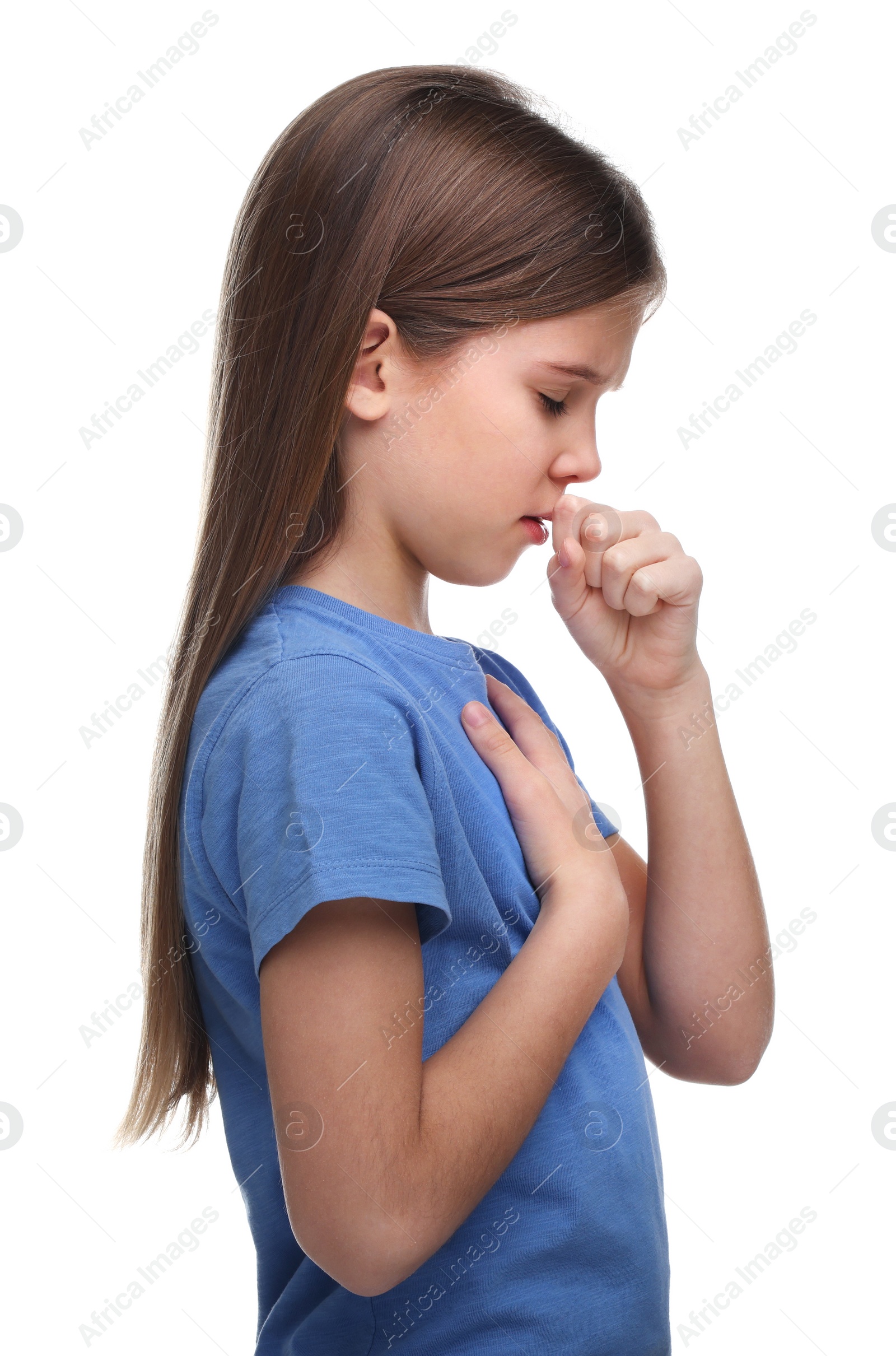 Photo of Sick girl coughing on white background. Cold symptoms