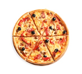 Delicious pizza with olives and sausages on white background