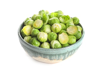 Photo of Bowl of fresh Brussels sprouts isolated on white