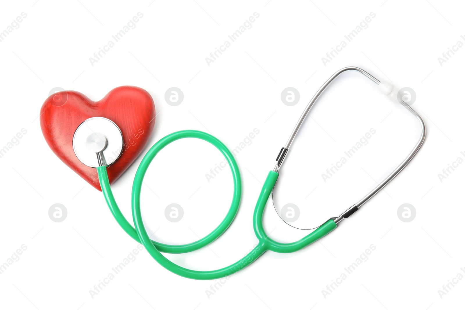 Photo of Red heart and stethoscope on white background, top view. Cardiology concept