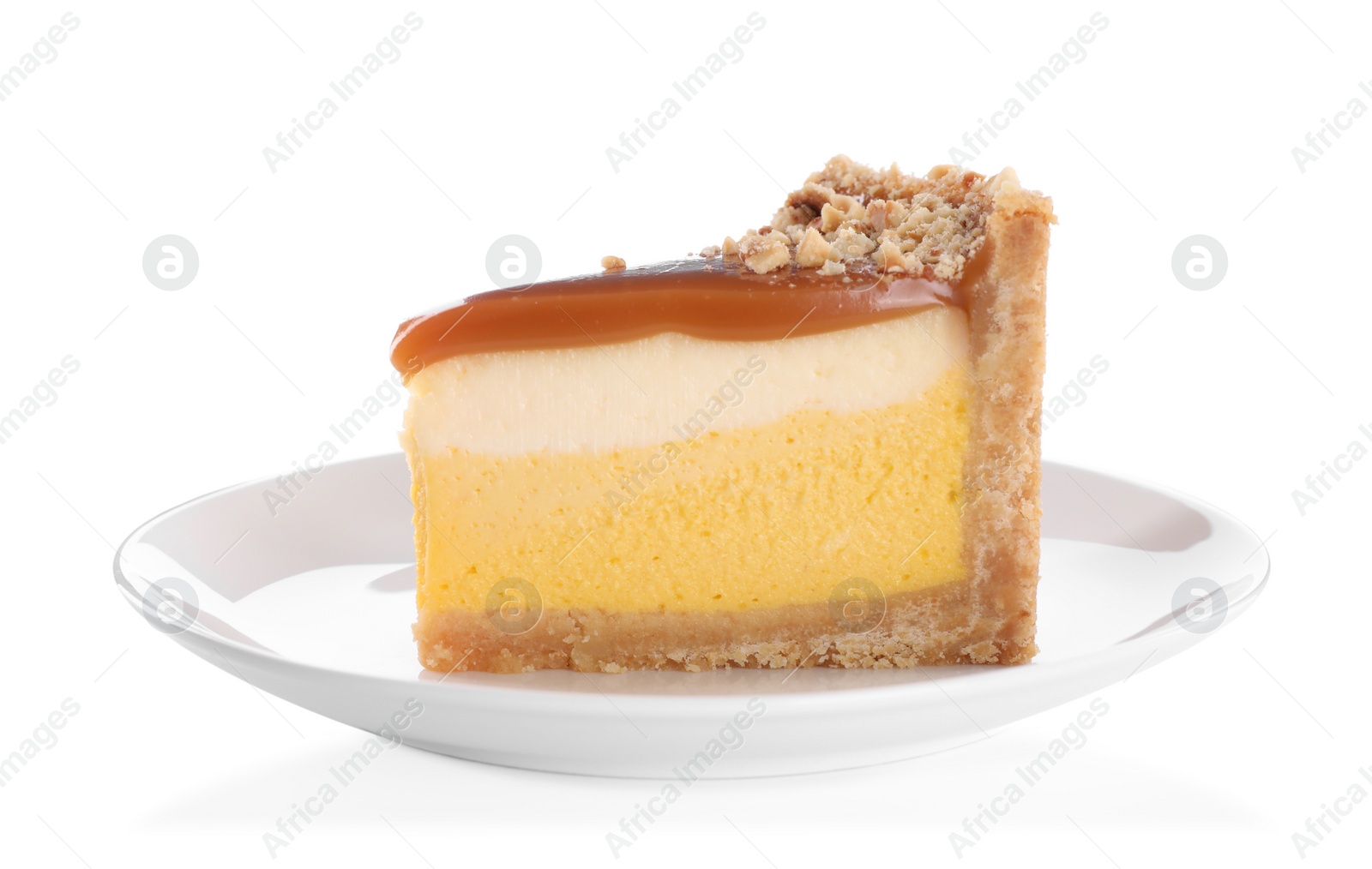 Photo of Piece of delicious cake with caramel isolated on white