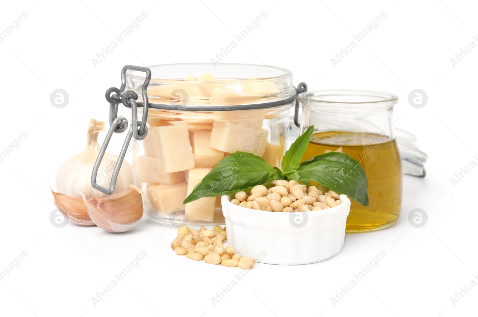 Photo of Different ingredients for cooking tasty pesto sauce isolated on white