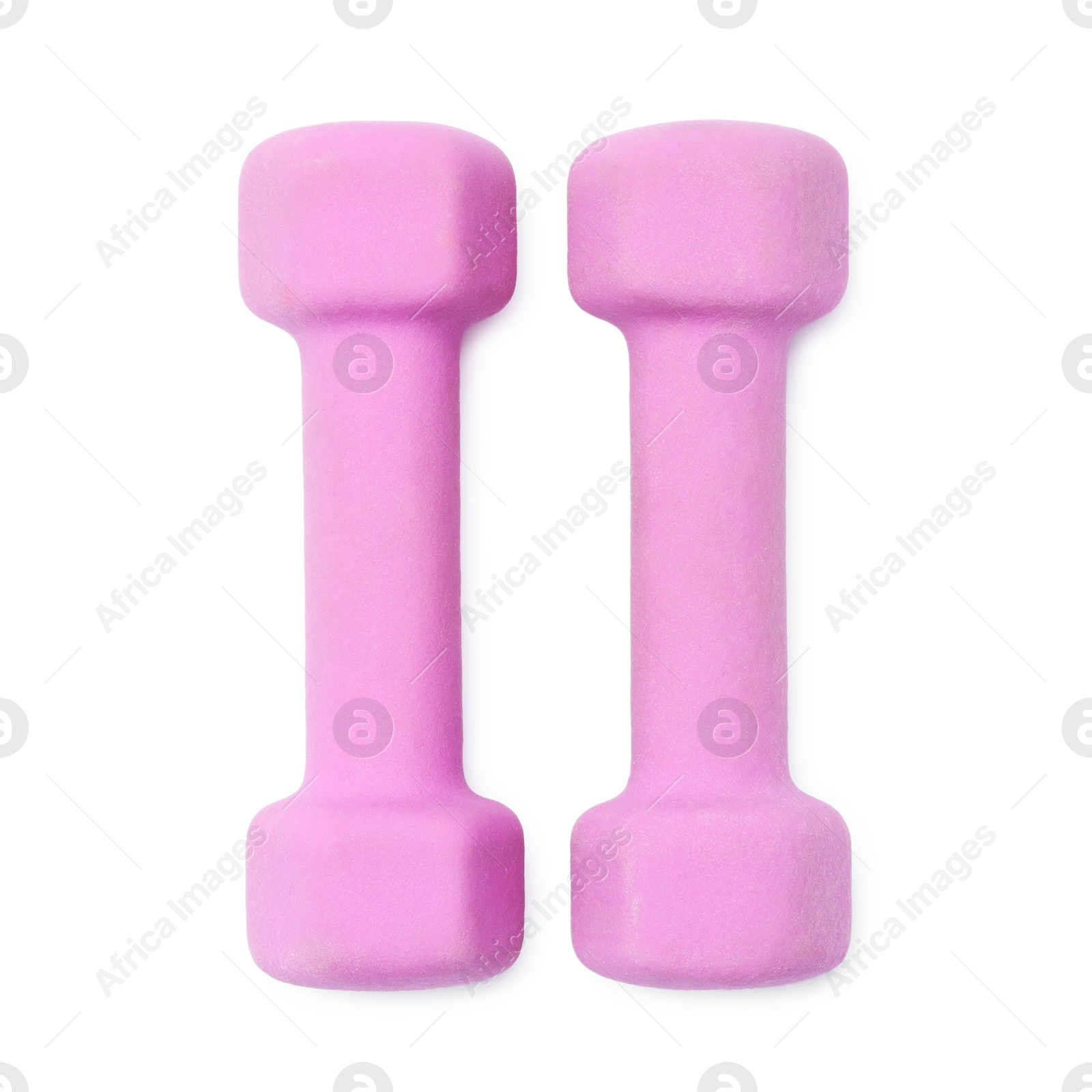 Photo of Violet dumbbells isolated on white, top view. Sports equipment