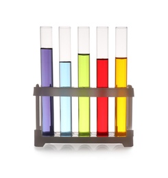 Photo of Rack with test tubes of color liquids isolated on white. Solution chemistry