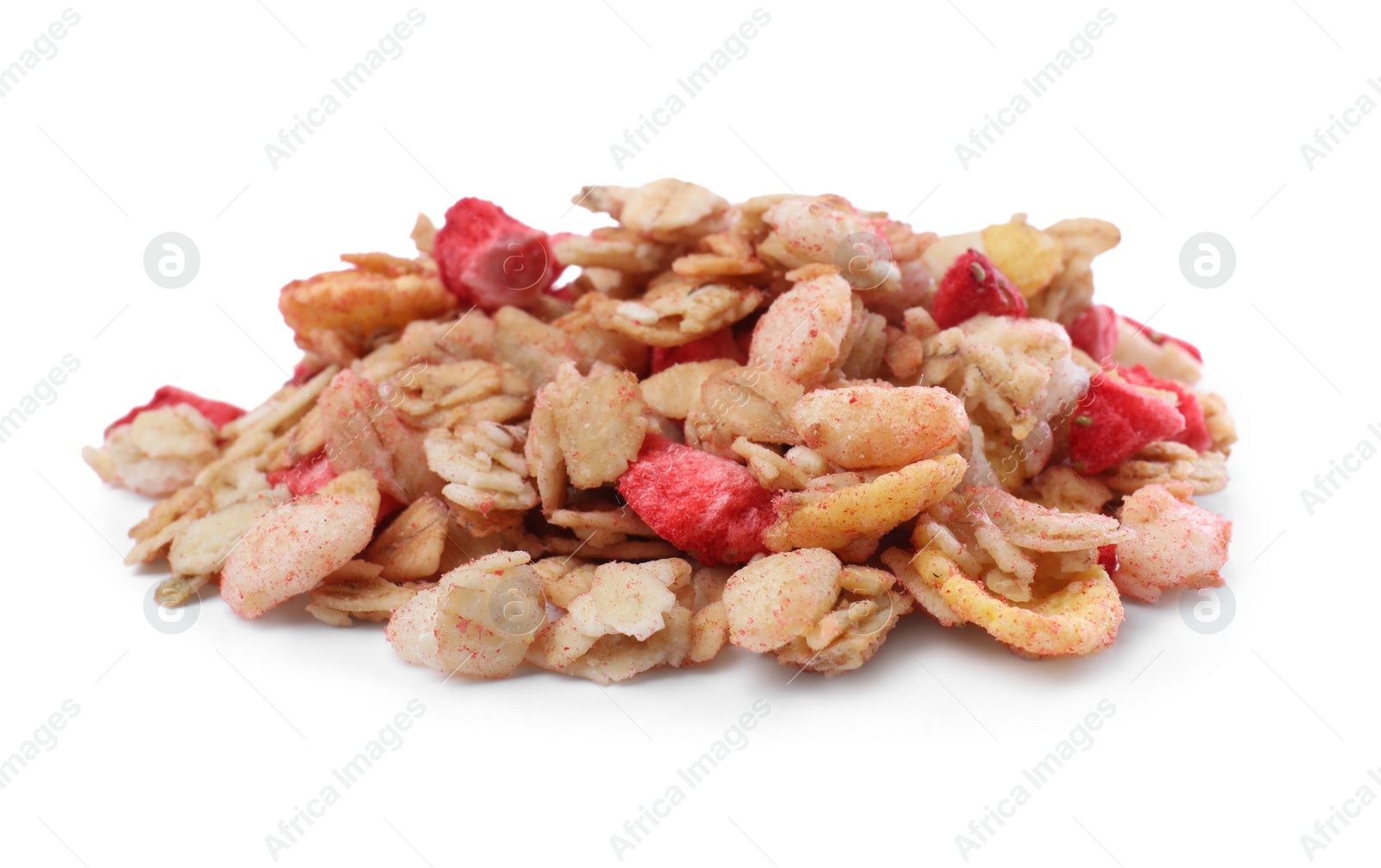 Photo of Pile of granola on white background. Healthy snack