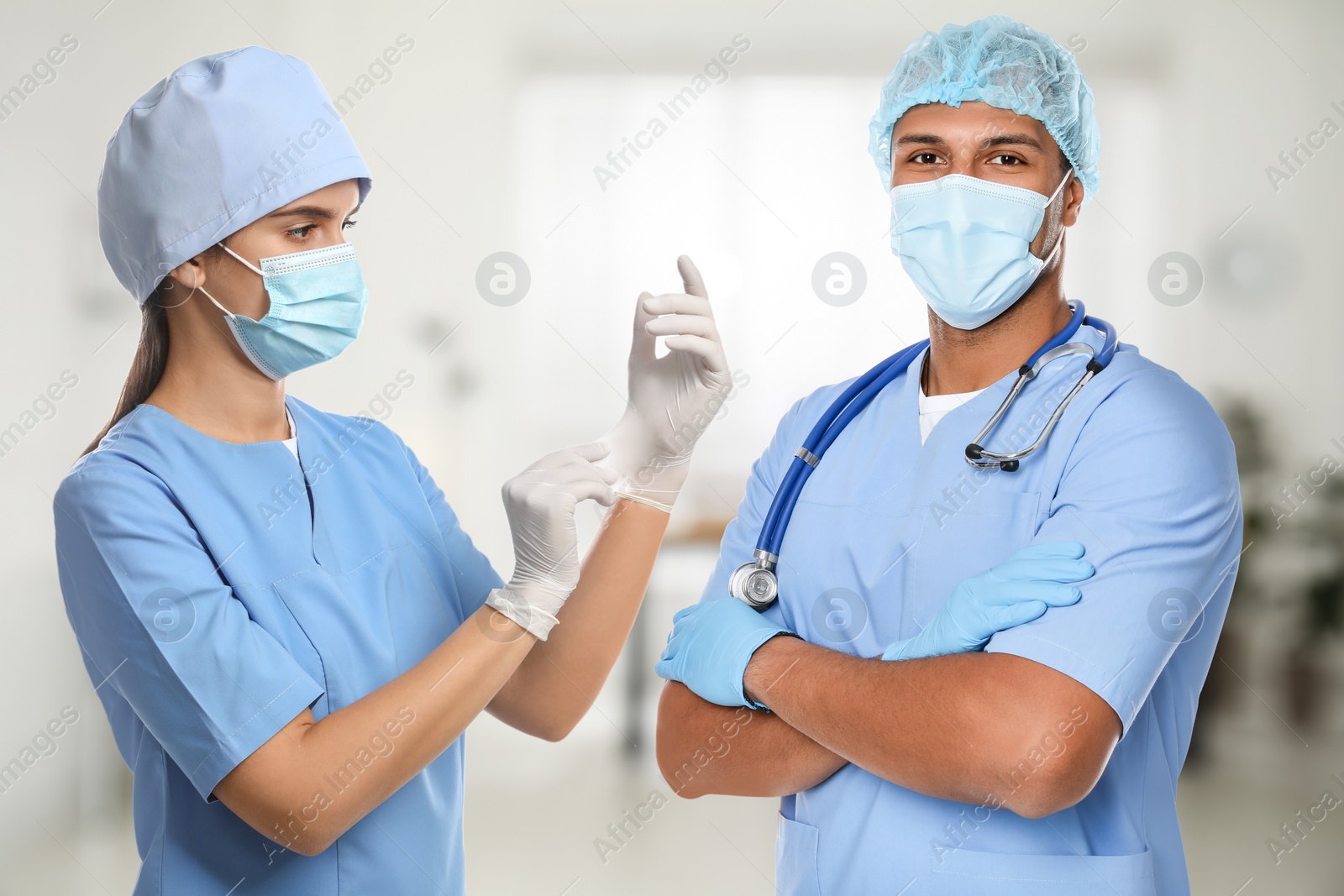 Image of Nurses in uniform at hospital. Medical staff