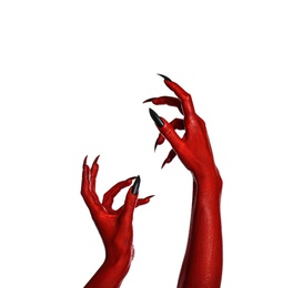 Photo of Scary monster on white background, closeup of hands. Halloween character