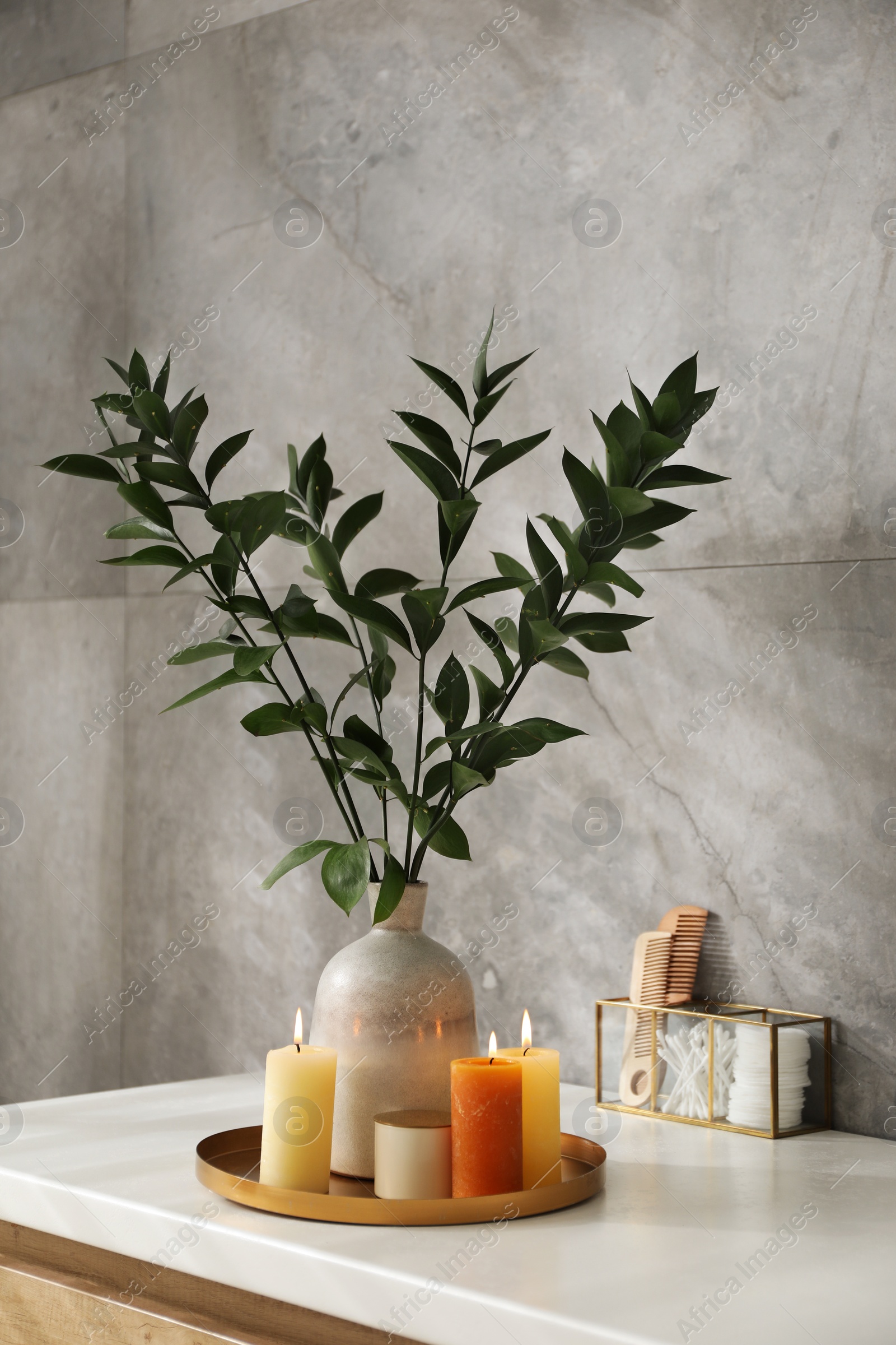 Photo of Beautiful plant in vase and burning candles on bathroom vanity