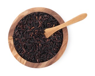 Raw black rice in bowl isolated on white, top view