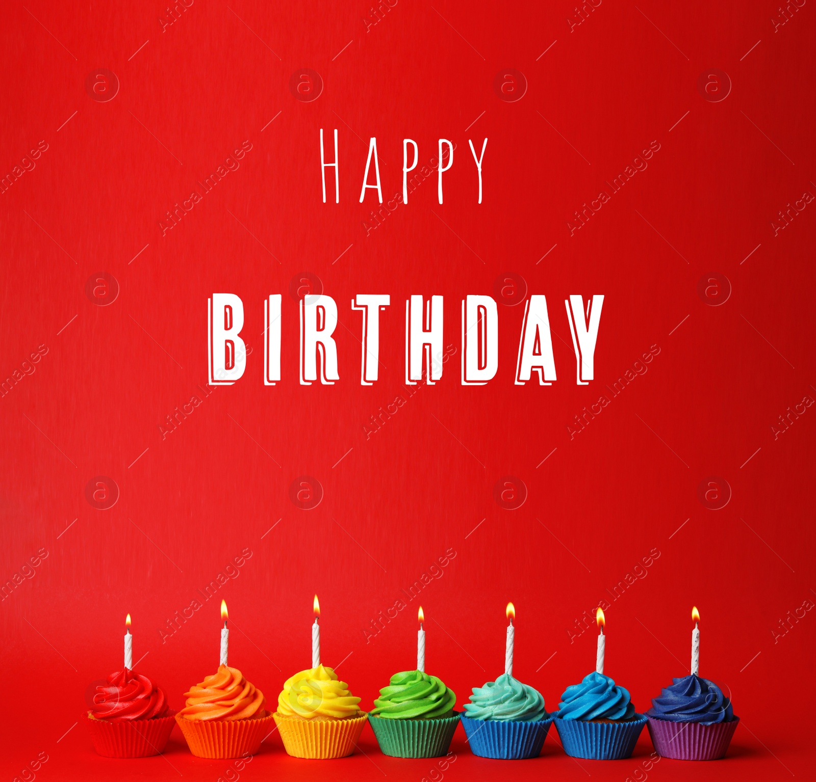 Image of Delicious cupcakes with candles and text Happy Birthday on red background