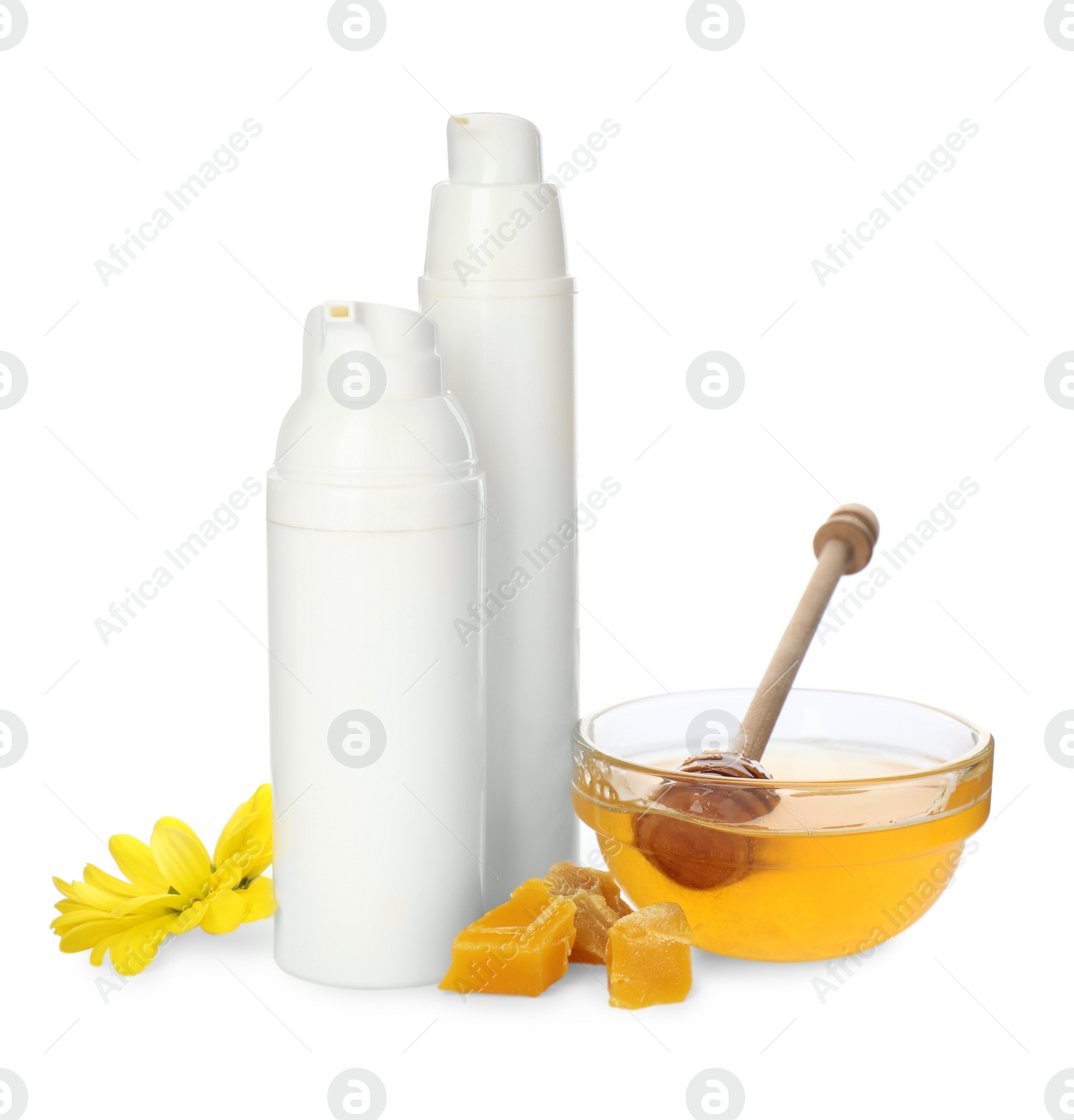 Photo of Natural beeswax, different cosmetic products and honey on white background