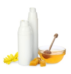 Photo of Natural beeswax, different cosmetic products and honey on white background