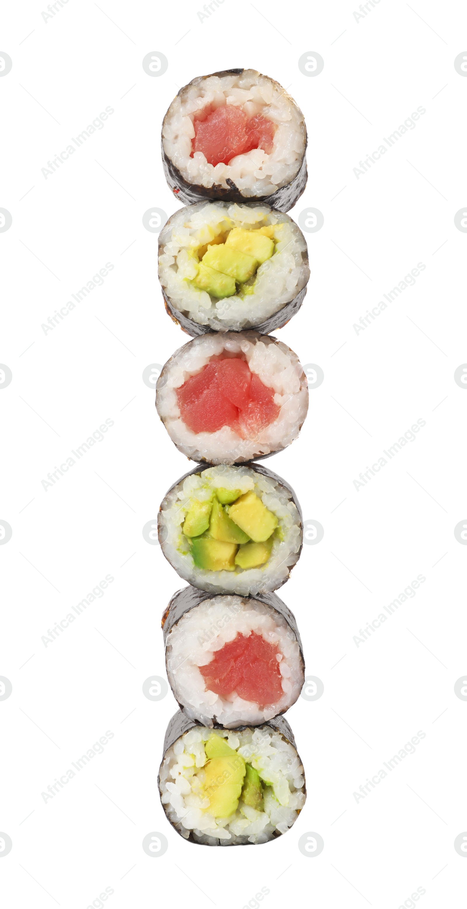 Photo of Different delicious sushi rolls on white background