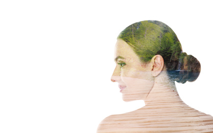 Image of Picturesque waterfall and beautiful woman on white background, space for text. Double exposure
