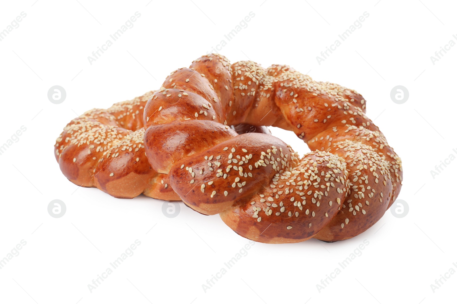 Photo of Round braided breads isolated on white. Fresh pastries