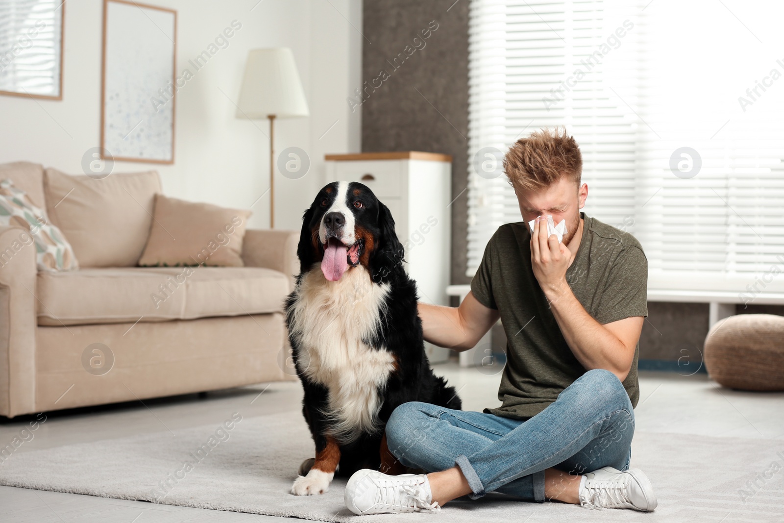 Photo of Young man suffering from fur allergy at home