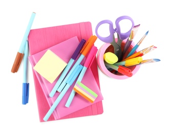 Photo of Set of colorful school stationery on white background, top view