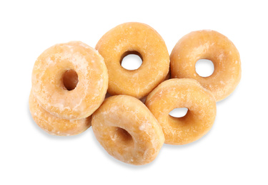 Delicious donuts on white background, top view