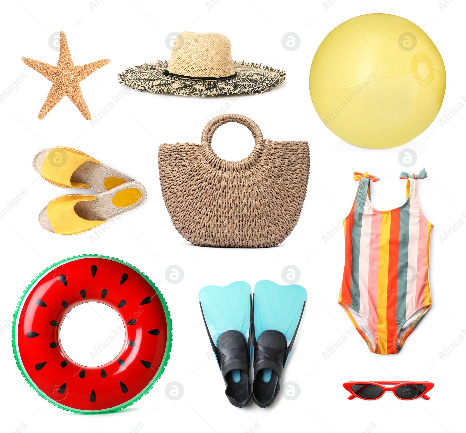 Image of Set with stylish beach bag and other accessories on white background