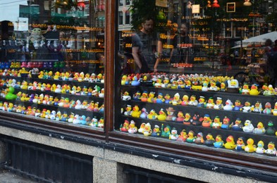 Amsterdam, Netherlands - June 18, 2022: Many toys on shelves in Duck Store