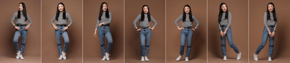 Full length portrait of Asian woman on brown background, set with photos