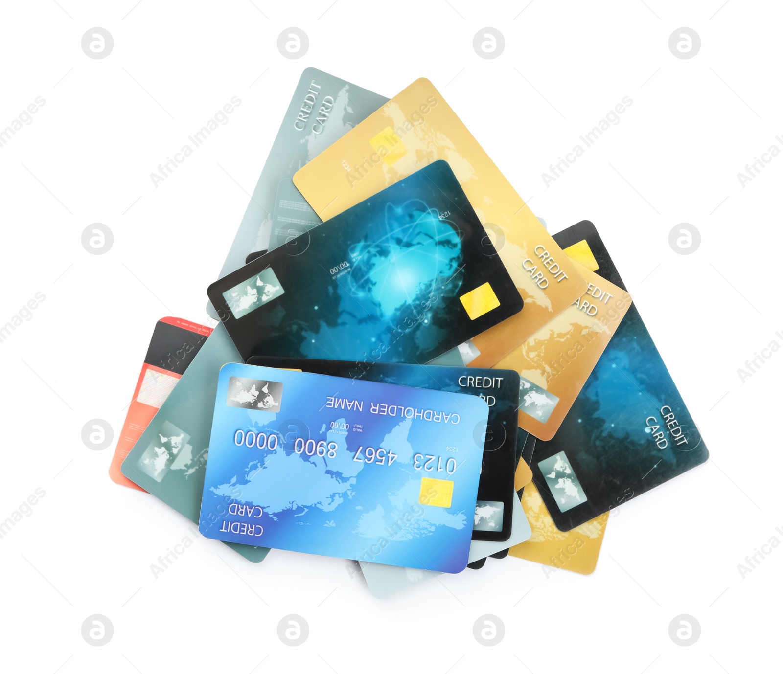 Photo of Different plastic credit cards on white background